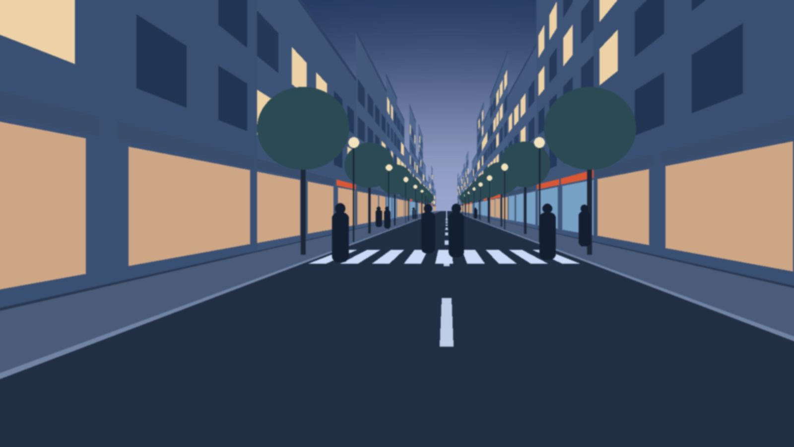 Rue commerçante en perspective au crépuscule, avec façades, trottoirs et passage piéton